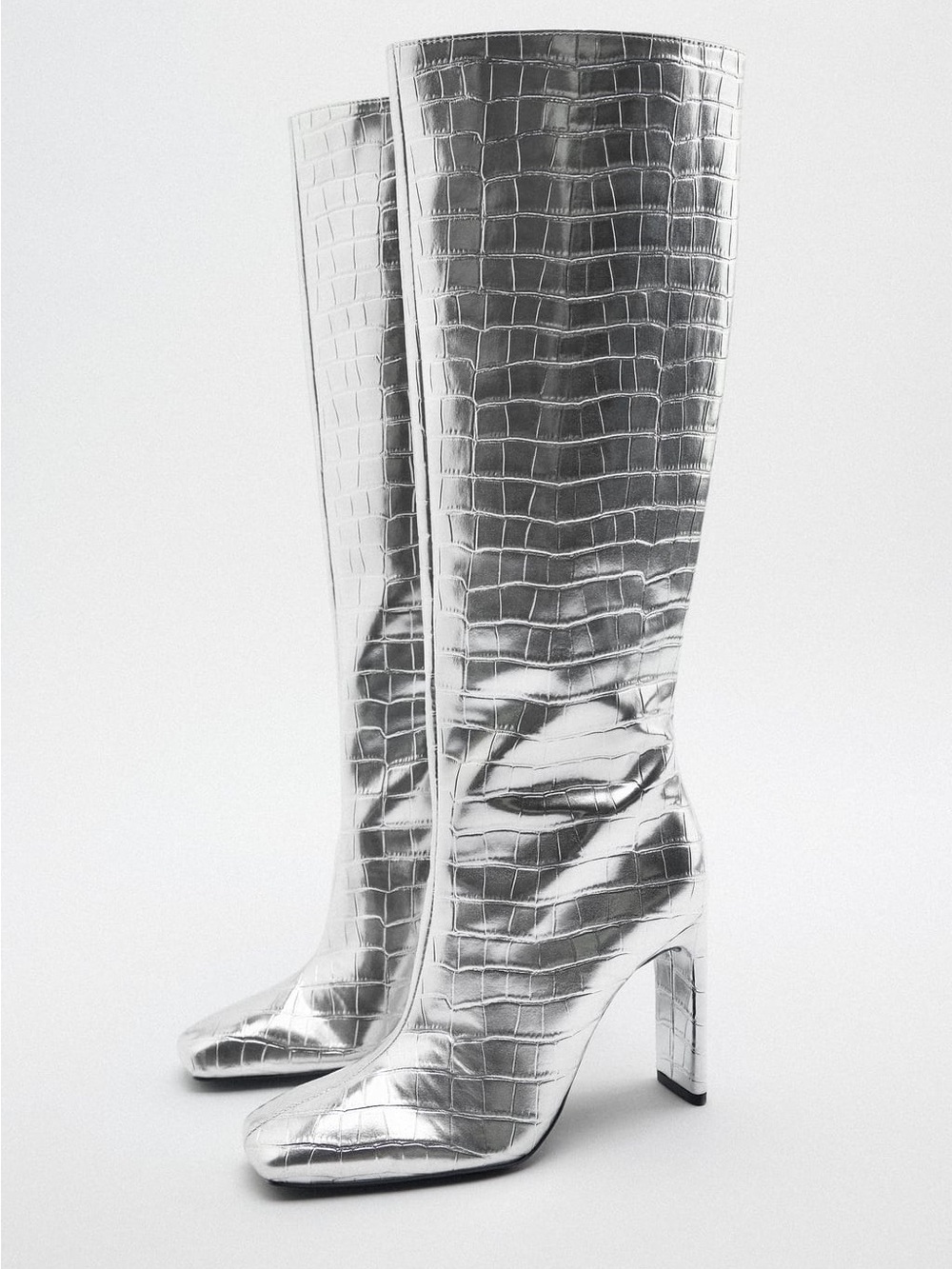 Zara Silver Croc-Embossed Knee-High Heeled Boots